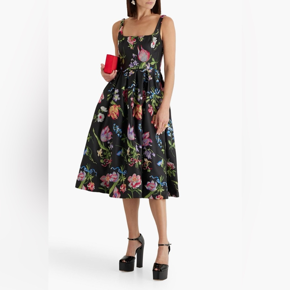Marchesa Notte Embroidered duchesse-satin midi dress
